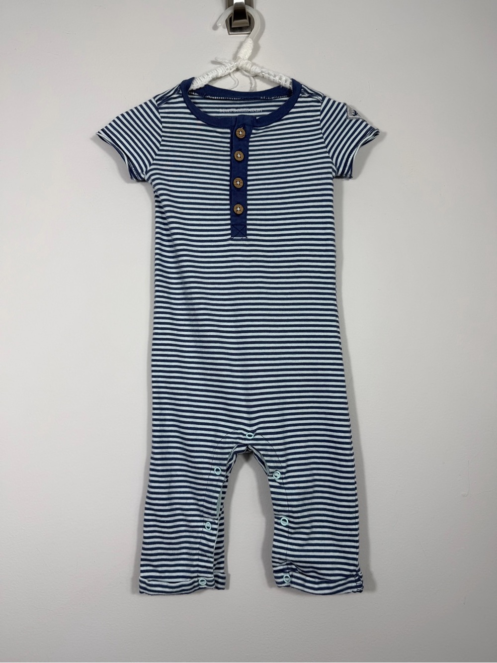 Burt’s Bees Baby 6-9M Organic Cotton Blue Stripe Henley Romper One Piece
